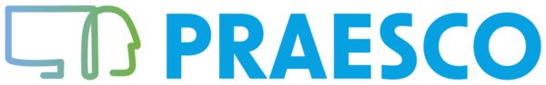 Das Logo von PRAESCO. Links ist ein PC Bildschirm zu sein, welcher in einen blau-grün Farbverlauf sich zu einem menschlichen Gesicht wandelt. Rechts ist der blaue Schriftzug "PRAESCO".