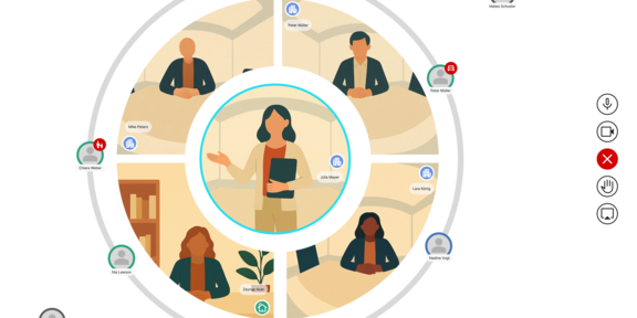 An illustration of a video conferencing system's user interface. In the center, a person is speaking. Surrounding them are four screens showing people who are actively participating in the meeting. On the outer edge are small speech bubbles with people who are only peripherally involved.