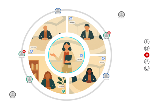 Eine Illustration einer UI eines Videokonferenzsystems. In der Mitte spricht eine Person. Um sie herum sind vier Bildschirme mit Personen, die sich aktiv am Meeting beteiligen. Außen sind kleine Bubbles mit Personen, die nur peripheral mit dabei sind.