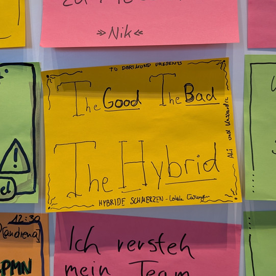 Ein gelber Zettel mit dem Text: "TU Dortmund Presents - The Good The Bad The Hybrid - Hybride schmerzen - lokale Lösungen - Ali und Kassandra.