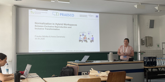 Prof. Dr. Frauke Mörike is giving a presentation titled “Normalization in Hybrid Workspaces: Between Exclusive Reproduction and Inclusive Transformation.” The presentation was prepared by Frauke Mörike and Anne Deremetz.