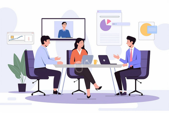 Eine Graphik, welche drei Personen darstellt, welche in Präsenz miteinander kooperieren und eine vierte Person, welche über einen Bildschirm hinzugeschaltet ist.