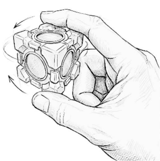 Eine Graphik von einer Hand, welche einen Würfel hält. Der Würfel sieht mechanisch aus und hat einen zirkulären Kern.